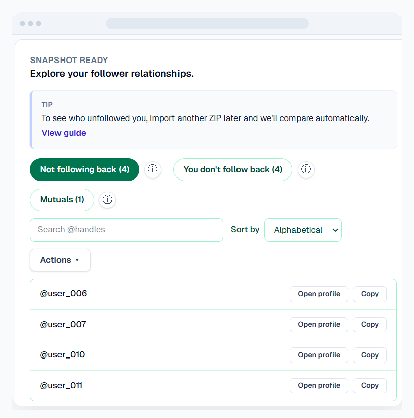 Snapshot tab showing follower relationship lists