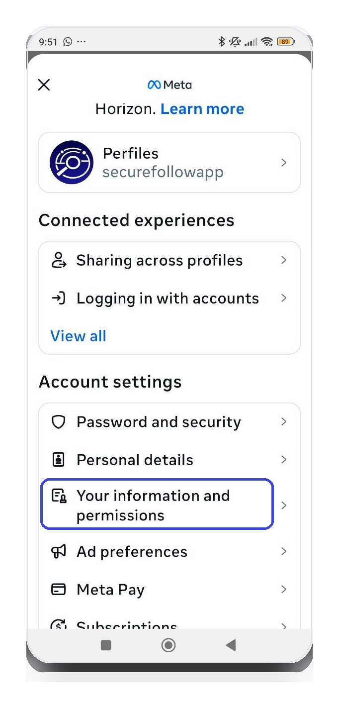 Accounts Center list (Your information and your permissions)