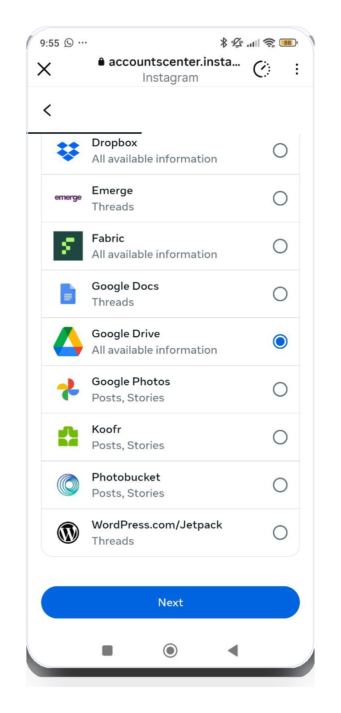 Google Drive selected