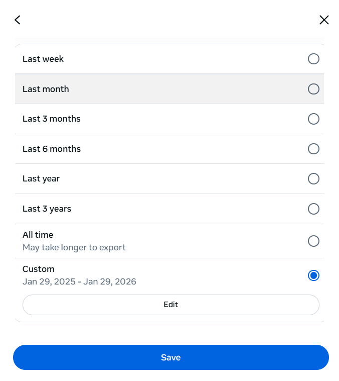 Instagram export date range options (Custom)